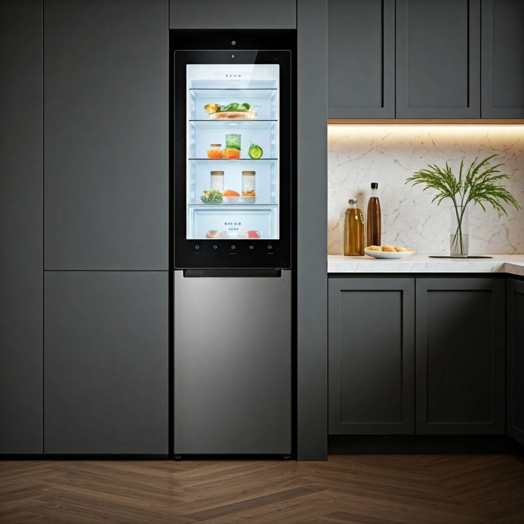Lifestyle shot of a modern kitchen featuring an AI-powered smart refrigerator