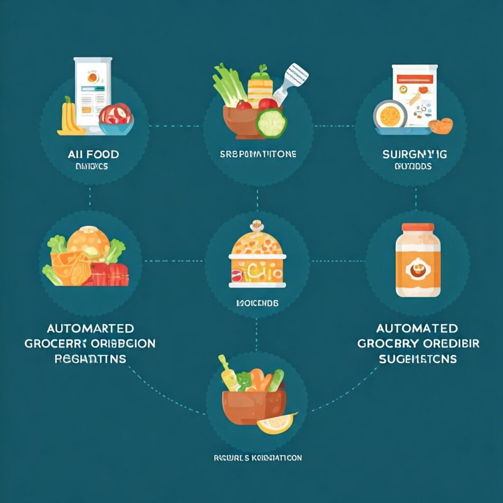 Diagram or infographic showcasing key features like AI food recognition, automated grocery ordering, and recipe suggestions