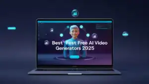 A professional tech blog featured image in 16:9 ratio, ultra-sharp detail: A modern silver laptop displaying an AI video interface with a friendly, gender-neutral holographic avatar. The background is a dark gradient transitioning smoothly from navy blue to deep purple. Floating UI elements, rendered with subtle glassmorphism effects, are visible around the avatar. The text overlay "Best Free AI Video Generators 2025" is crisp and clear, incorporating cyan accents. The overall aesthetic is sleek and high-tech.